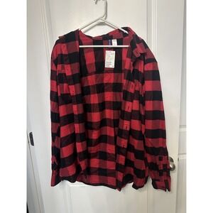 Divided H & M Women's Plaid Button Down Shirt Size XL Red Black Cotton Oversized
